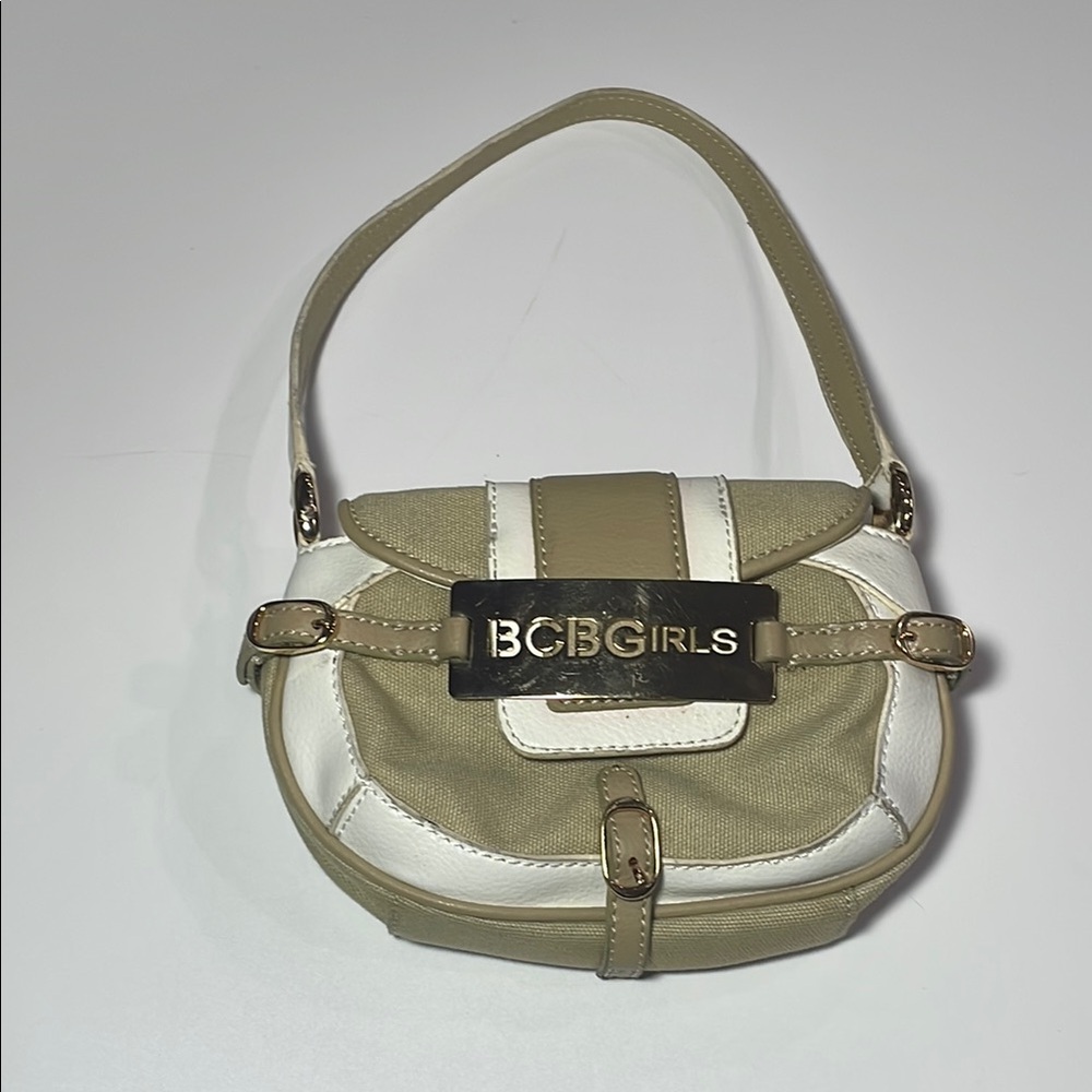 BCBGirls Tan and White Mini Bag with Rounded Shape and Flap Closure
